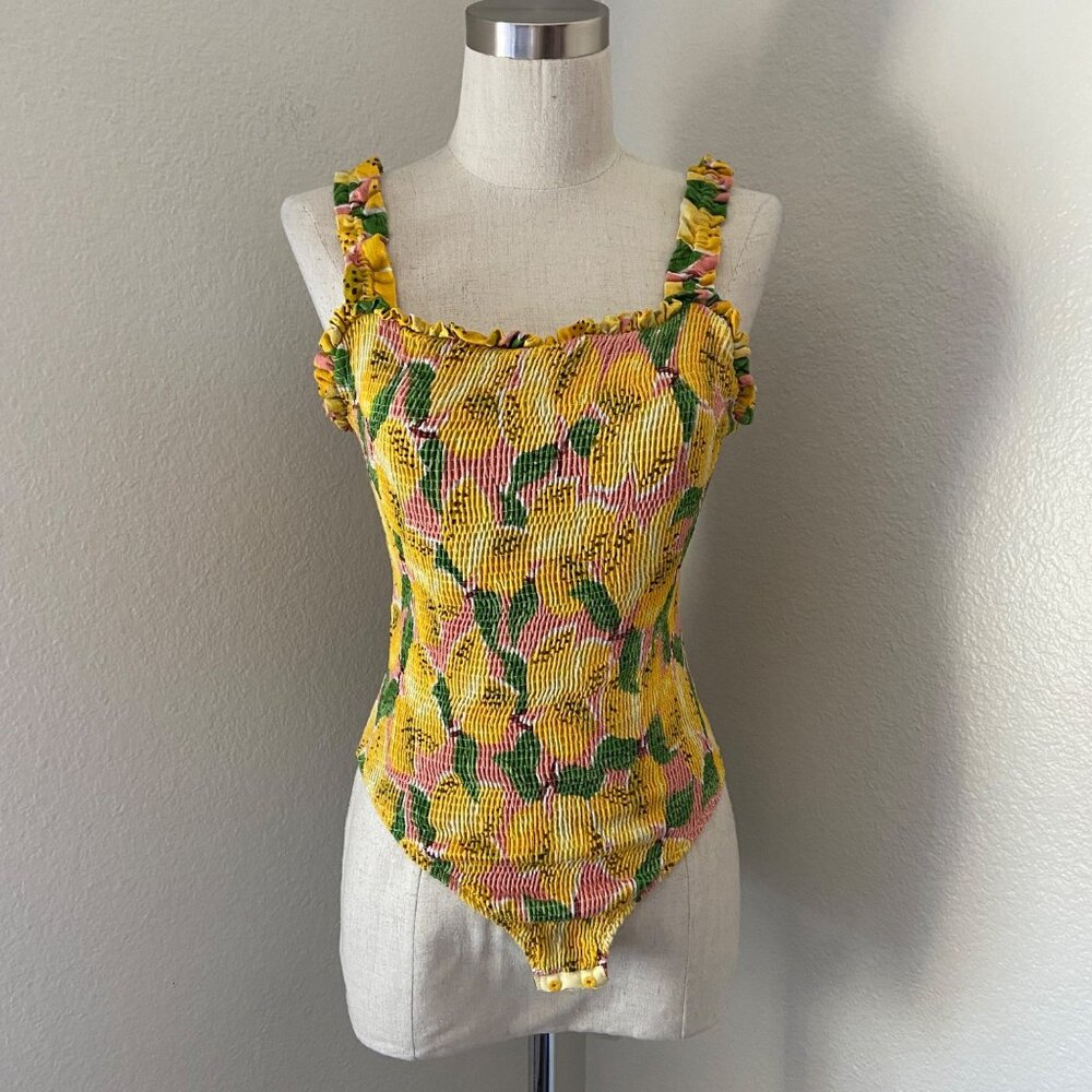 Farm Rio Fresh Lemons Frilled One Piece Swimsuit Square Neck Ruffle Straps Visco